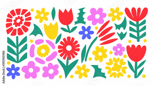 Colorful folk art floral pattern with various stylized flower shapes