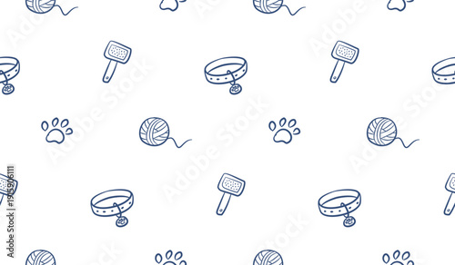 Pet doodle background. Cute pet accessories seamless pattern. Pet shop pattern background. Pet care hand drawn seamless pattern with colar, toy, cat or dog paw, grooming.