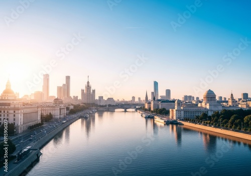 Wallpaper Mural Cinematic panoramic view of the capital city at early morning, highlighting the calm river, monumental architecture, and wide urban horizon, tourism, sunrise, peaceful Torontodigital.ca