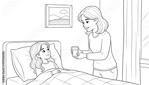 Caring Mother Gives Medicine to Sick Child in Bed, Promoting Health and Wellness for Family Care and Medical Websites