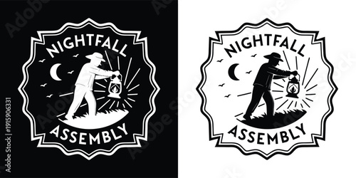 Vintage style badge logo featuring a silhouette of a person carrying a glowing lantern under a crescent moon for nightfall assembly.