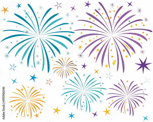 Colorful fireworks display with stars on a white background