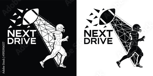 Striking black and white graphic design featuring an American football player running toward a spotlight with the words next drive prominently displayed.