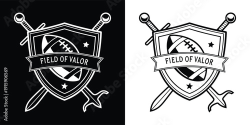 Black and white vector emblem design featuring a football inside a shield crossed by two ancient swords labeled field of valor