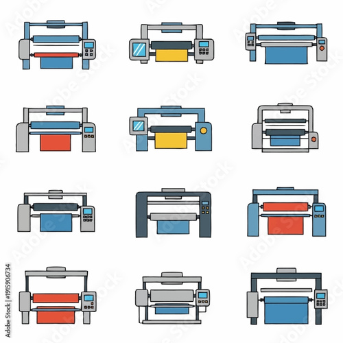 Collection of Industrial Printing Machines Icons.
