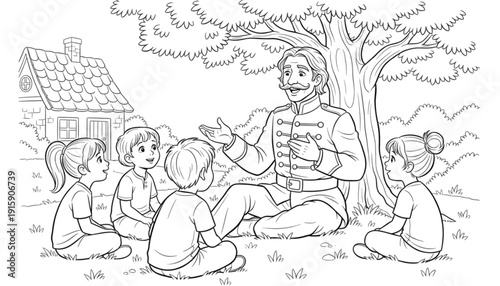 Storytelling Teacher Inspiring Children Outdoors for Education and Summer Camp Marketing