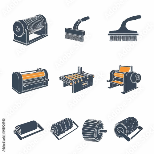 Collection of Industrial Rollers and Brushes for Manufacturing.