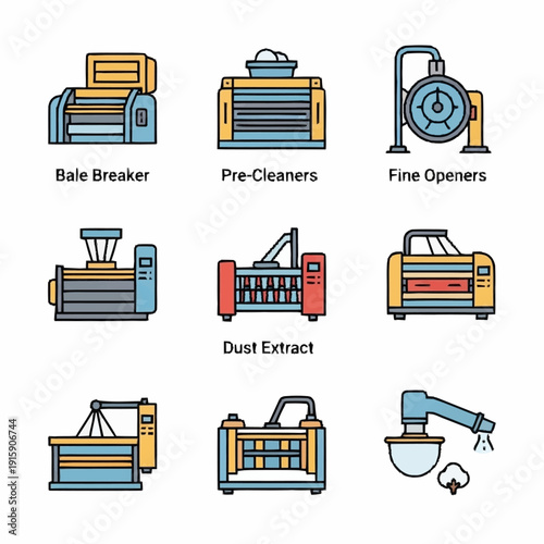 Collection of Industrial Textile Machinery Icons.