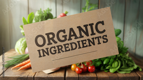 A cardboard sign reading Organic Ingredients standing on a wooden table surrounded by various fresh vegetables including carrots tomatoes and leafy greens