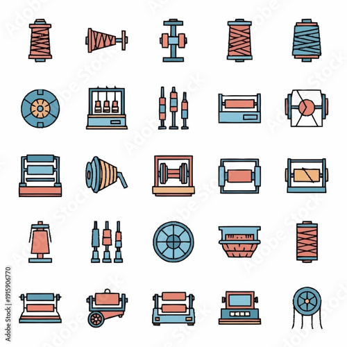 Collection of Industrial Textile Machinery Icons and Symbols.