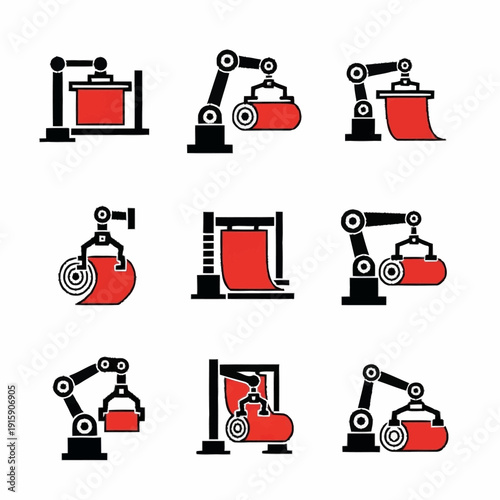 Industrial Robotic Arms Handling Red Objects Set.
