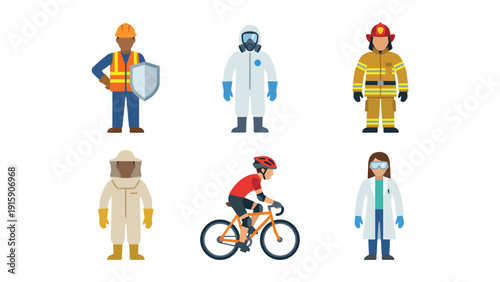 Vector set of people in protective gear: construction worker, hazmat, firefighter, beekeeper, cyclist, and scientist. Safety equipment concept.