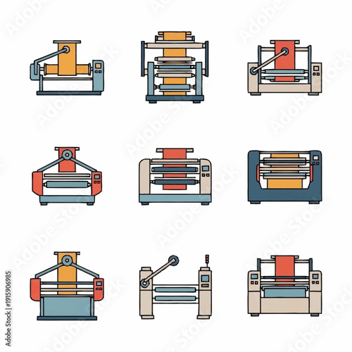 Set of Industrial Machine Icons for Manufacturing and Production.