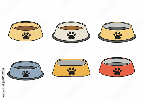 Collection of Six Colorful Cartoon Pet Food and Water Bowls with Paw Prints on White Background.