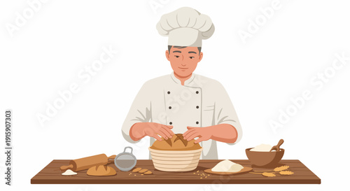 Professional male baker preparing fresh artisan bread on a wooden table, surrounded by baking ingredients and tools, isolated on white background.