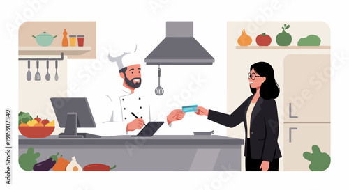 Chef receives credit card payment from businesswoman in a professional kitchen, showcasing modern restaurant business and efficient culinary transactions.