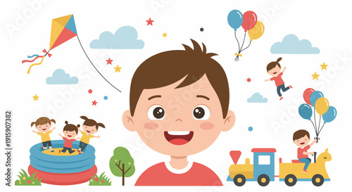 A cheerful boy surrounded by playful childhood activities like kite flying, bouncy castle fun, and toy train rides, embodying joy and innocence.