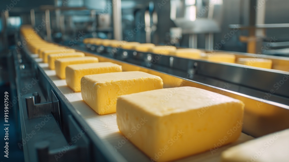 Fototapeta premium Butter blocks conveyor production line food processing manufacturing