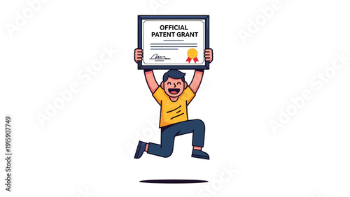 Joyful man jumping with Official Patent Grant certificate. Celebrating intellectual property success and innovation. Flat illustration.
