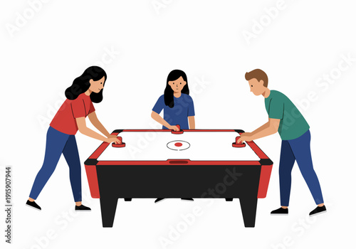 Three diverse friends enjoy a dynamic and competitive game of air hockey, showcasing leisure, fun, and entertainment in a vibrant setting.