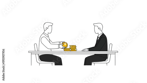 Business financial transaction: person pouring gold coins to another at a table. Investment, payment & wealth concept.