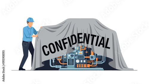 Engineer uncovering confidential new machine. Secret technology reveal, industrial prototype under a sheet. Innovation and intellectual property co...