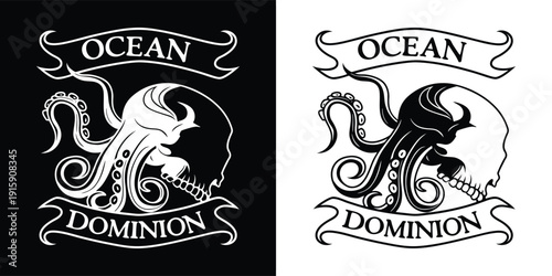 Striking black and white graphic design merges a fearsome skull profile with detailed octopus tentacles for a powerful emblem.