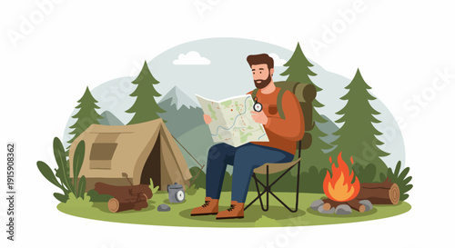 Man planning his route on a map with a compass while camping in a serene forest by a warm campfire, enjoying outdoor adventure.