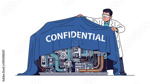 Scientist unveils confidential machine, revealing complex technology. Secret project development concept, innovation under wraps.