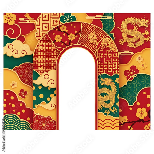 Ornate Chinese Archway with Dragon Motifs in Red Gold and Green