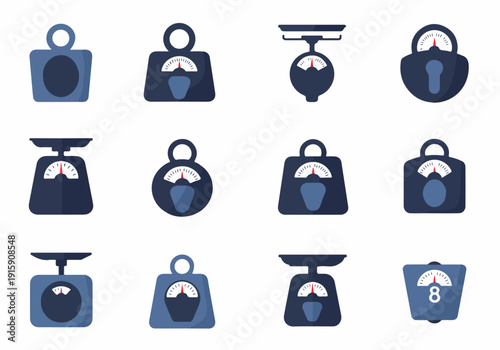 Set of blue and dark blue flat design icons depicting various weighing scales, weights, and measurement tools for balance and accuracy concepts.