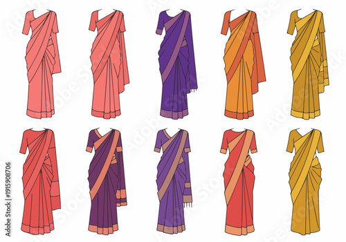 Colorful collection of traditional Indian sarees in various draping styles, featuring different blouses and vibrant hues like pink, purple, orange, and yellow.