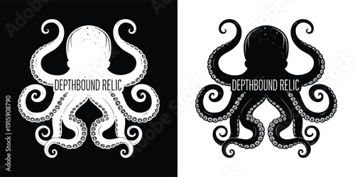 Striking black and white graphic design featuring a detailed octopus silhouette with the text depthbound relic logo presentation.