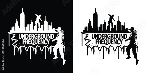 Dynamic silhouette design featuring breakdancing figures against a stylized city skyline and dripping graffiti text advertising underground frequency