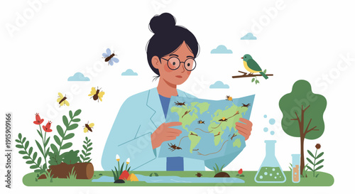 Environmental scientist studying global insect migration and biodiversity on a world map, surrounded by nature, flora, fauna, and scientific research tools.