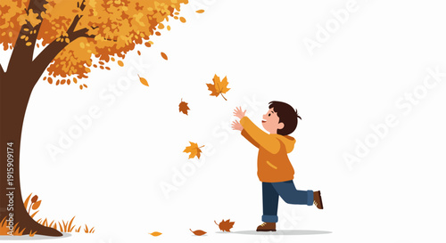 Happy boy catching vibrant falling autumn leaves under a tree, enjoying carefree seasonal outdoor fun and simple childhood pleasures.