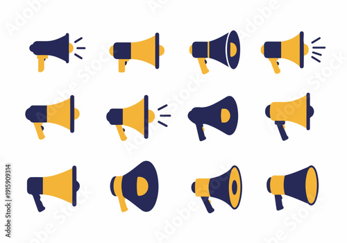 Collection of diverse megaphone icons in blue and yellow, symbolizing announcements, marketing, and communication with varying designs and sound waves on white.