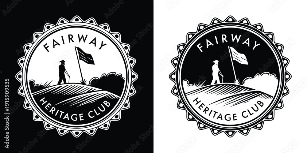 Fototapeta premium Vintage black and white circular badge design featuring a golfer with a flag on a fairway for a heritage club logo.