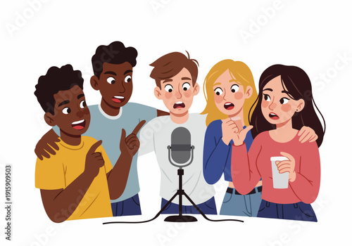 Diverse group of young friends surprised and engaged during a lively podcast recording or group discussion with a microphone.