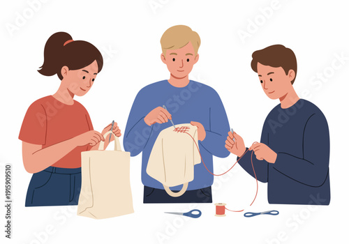 Young adults enthusiastically engaged in various needlework activities like sewing and embroidery, showcasing handmade crafts, DIY projects, and creative hobbies.