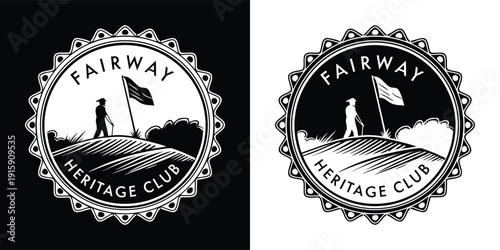 Vintage black and white circular badge design featuring a golfer with a flag on a fairway for a heritage club logo.
