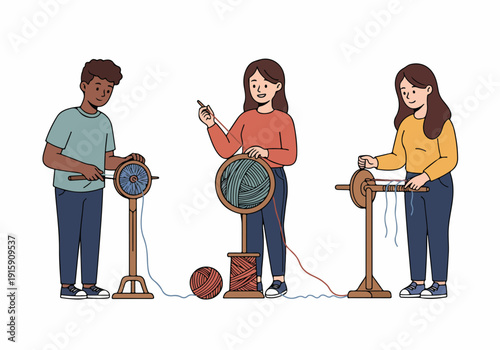 Diverse people engage in traditional yarn winding and fiber arts, using vintage tools for textile craft and hand spinning.