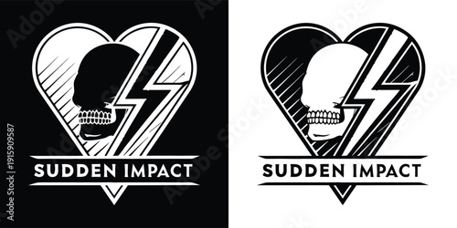 Black and white vector logo featuring a human skull heart and dramatic lightning bolt design with the words sudden impact