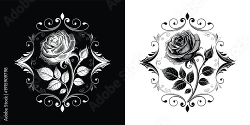 Vintage engraved rose illustration elegantly framed by detailed swirling gothic scrollwork available in contrasting color variants