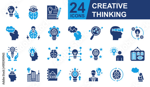 Creative Thinking Icons set vector illustration. Containing Mind Vision, Brainstorm, Innovation, Creative Process, Design Thinking and more. Simple solid icons collection.