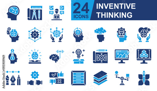 Inventive Thinking Icons set vector illustration. Containing Mind Planning, Strong Mind, Scheme, Thought process, Prototype and more. Simple solid icons collection.