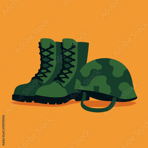 Empty combat boots and helmet on the ground, flat vector illustration