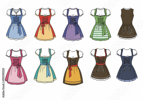 Colorful vector illustration set of traditional German dirndl dresses for Oktoberfest and Bavarian folk celebrations, showcasing various designs and hues.