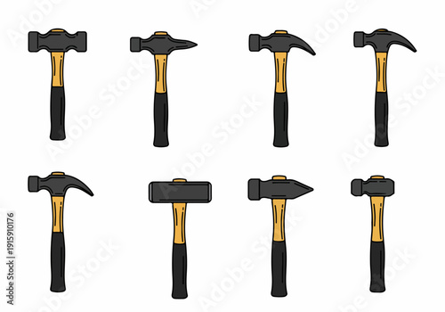 Eight distinct hammer types vector illustration, including claw, ball-peen, and sledgehammer, showcasing essential hand tools for building and repair work.
