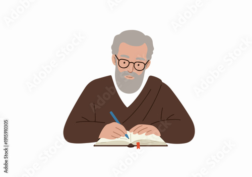 Thoughtful senior man in a robe with glasses and beard, diligently writing notes in an open book.